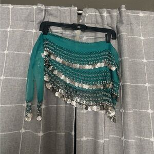 Teal Belly Dance Hip Scarf with Silver Coins